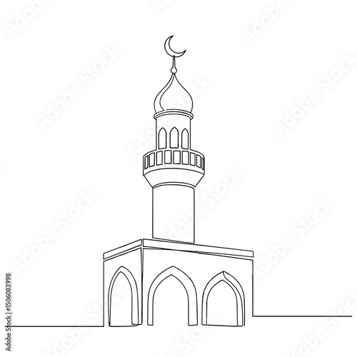 Minimalist Mosque Silhouette: A continuous, unbroken line art illustration of a serene mosque, depicting its architectural beauty with a delicate crescent moon atop its minaret.