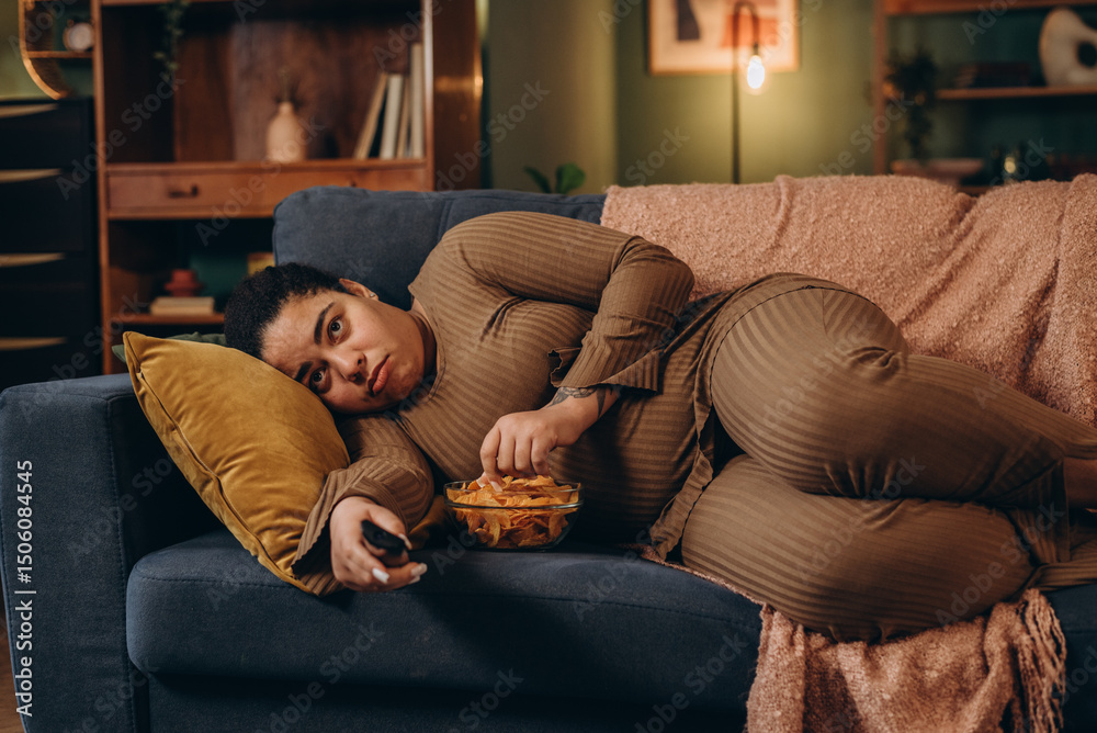 Obraz premium Plump female watches TV program with unhealthy snacks suffers from eating disorder