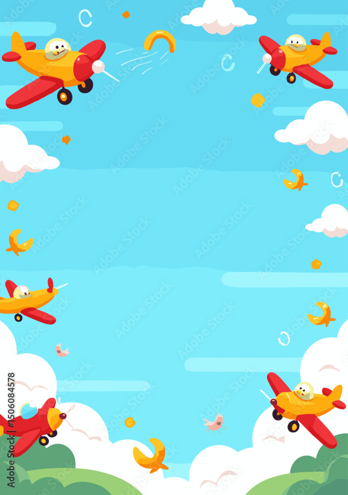 Fototapeta premium Cartoon airplane A4 card template with flying planes, clouds, parachutes, and playful sky-themed vector design (4)