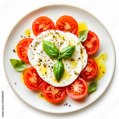 Fresh mozzarella and tomato dish with basil drizzled in olive oil