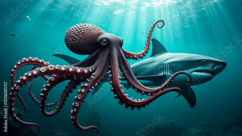 Octopus interacts with shark in deep ocean environment during daylight