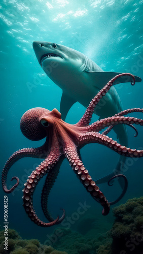 Shark and octopus encounter in vibrant underwater scene near coral reef
