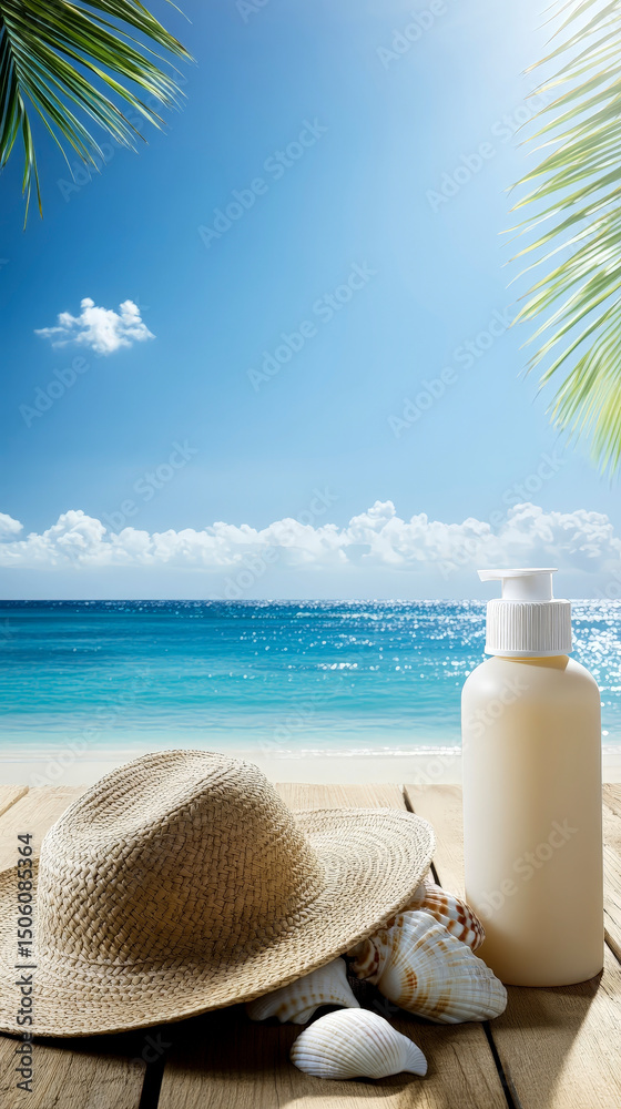 Tropical Beach Scene with White Hat, Sunglasses, Sunscreen, and Drink Tropical Beach Scene with White Hat, Sunglasses, Sunscreen, and Drink