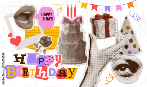 Happy birthday collage set with human hand, mouth, eyes photos and party objects in pop art style. Valentines trendy halftone stickers collection