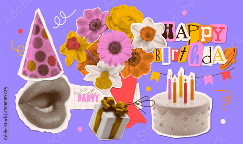 Set of torn out paper in paper stickers in dotted Halftone style. Trendy Happy birthday vintage greeting elements with gift box, mouth, cake. Holiday and party celebration. Cartoon vector illustration