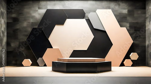 Modern Geometric Display Podium with Hexagon Shapes in Black and Beige