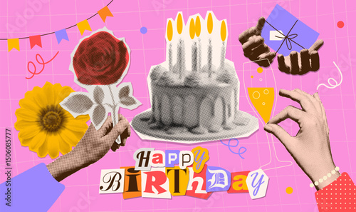 Happy Birthday vintage collage stickers set in retro halftone design. Collection with hands holding gift, flowers, champagne and holiday cake with candle. Vector vintage illustration.