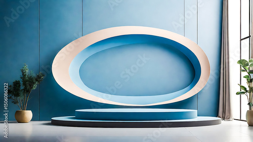 Elegant Product Display Podium with Oval Frame and Plant Decor