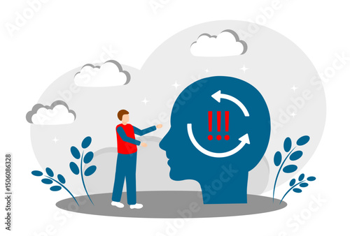 The concept of psychological problems, problem solving and brainstorming. Head with exclamation marks. Anxious thoughts