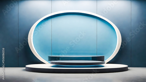 Minimalist Product Display Podium with Circle Backdrop in Blue and White