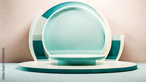 Elegant Teal and White Product Display Podium with Abstract Backdrop
