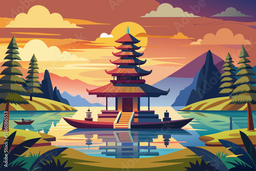 vector of Hindu temple with boat in view of Lake Bratan at sunrise in Bali, Indonesia.