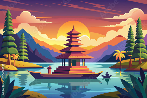 vector of Hindu temple with boat in view of Lake Bratan at sunrise in Bali, Indonesia.