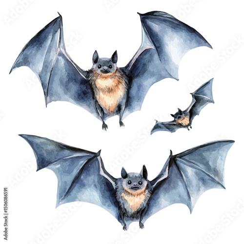 watercolor vector of Halloween Bats, high quality, isolated on a white background.