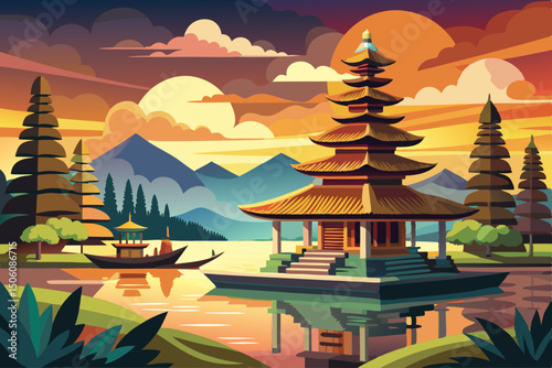 vector of Hindu temple with boat in view of Lake Bratan at sunrise in Bali, Indonesia.