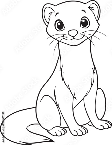 Cute Cartoon Weasel Sitting and Smiling Black and White Outline