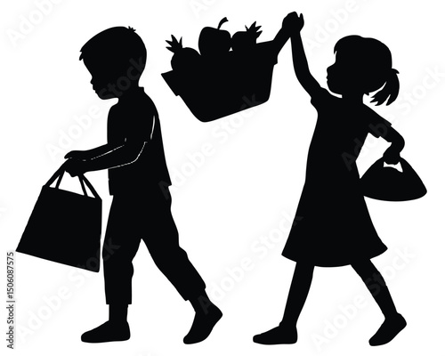 kids helping with groceries  silhouette  