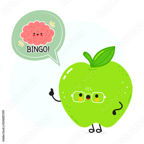Green Apple character wearing glasses, smiling with lightbulb moment, brain revealing eureka thought in speech bubble