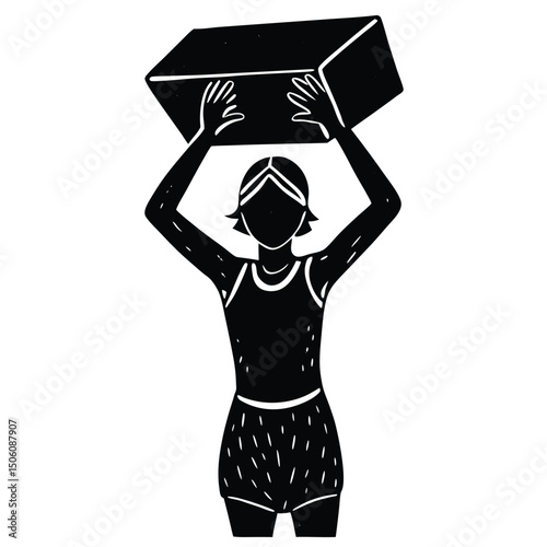 A silhouette of a person holding a yoga block above their head
