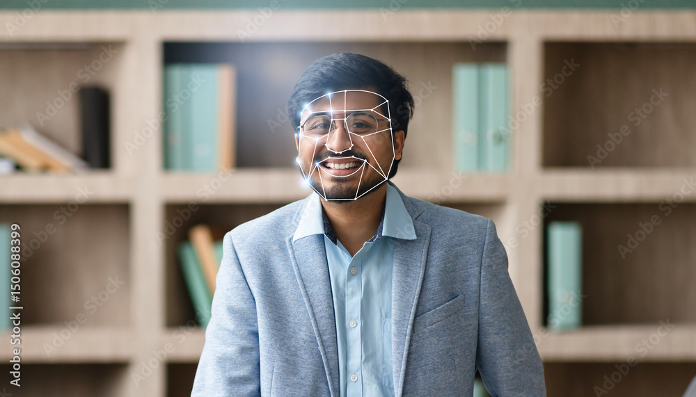 Fototapeta premium In a modern office, Indian guy smiles as facial recognition scans their face, showcasing the rise of advanced identification methods and our increasing reliance on technology.