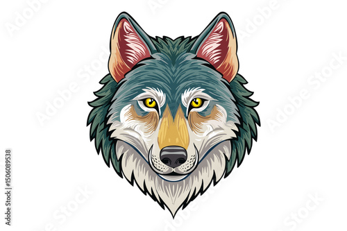 Wolf head from the front, color portrait of a wolf head on a white background, Wolf's Head