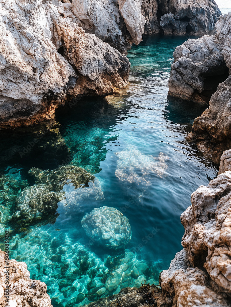 Crystal-clear turquoise water flows through rocky cliffs in a hidden cove Crystal-clear turquoise water flows through rocky cliffs in a hidden cove