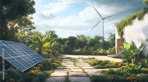 sustainable energy garden with solar panels, sustainable energy garden with wind turbine, sustainable energy garden eco-friendly design