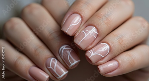Close up of manicured hands with neutral nail polish and white geometric designs showcasing nail art elegance