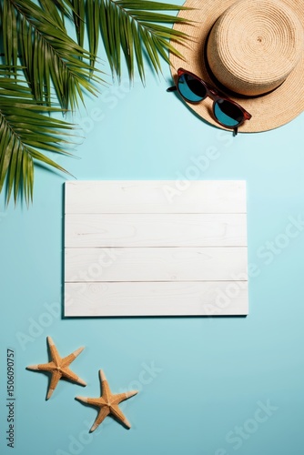summer vacation concept with palm leaves, hat, sunglasses, starfish and beach towel