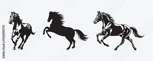 Black and white horse vector illustration showing a running wild stallion with a flowing mane