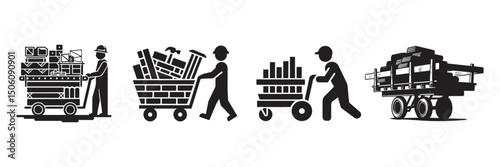 Black and white cutlery silhouettes with a shopping cart illustration in a vector style