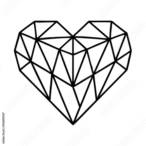 Stylized diamond heart symbol, geometric vector, black outline design, copy space