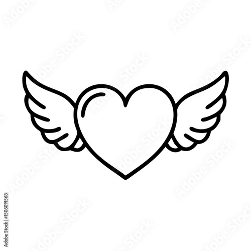 Heart with wings illustration, whimsical vector design, black outline, copy space
