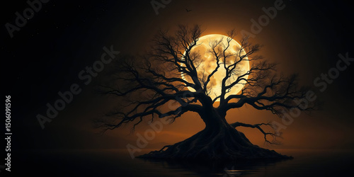 a digital artwork featuring a solitary tree with sprawling branches and roots, positioned centrally against a large, luminous full moon