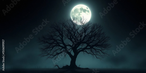 a digital artwork featuring a solitary tree with sprawling branches and roots, positioned centrally against a large, luminous full moon