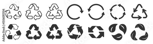 Recycle icon set, eco symbols with arrows, leaf, ecology, environmental signs on transparent background
