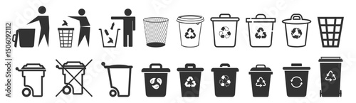 Trash bin and recycle icon set. Garbage, dustbin, basket, recycle and remove symbols on transparent background