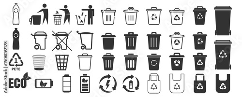 Recycle Symbols and Trash Bin Icons Set. Eco Vector Elements Collection Isolated on Transparent Background