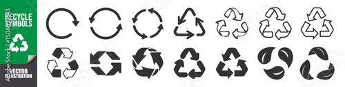 Recycle icon set, eco symbols with arrows, leaf, ecology, environmental signs on transparent background