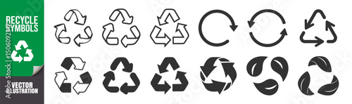 Recycle icon set, eco symbols with arrows, leaf, ecology, environmental signs on transparent background