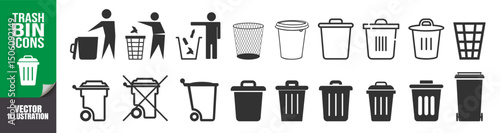 Trash bin and delete icon set. Garbage, dustbin, basket, recycle and remove symbols on transparent background