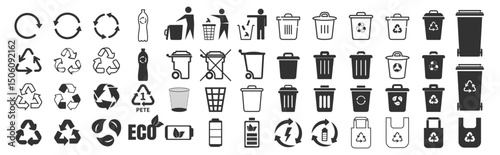 Recycle Symbols and Trash Bin Icons Set. Eco Vector Elements Collection Isolated on Transparent Background