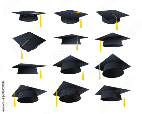 Graduation hats and toga caps vector set at university, high school, college, student class, degree ceremony or party