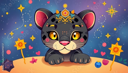 Cute cartoon panther with cosmic celestial details in a groovy boho style,  wallpaper,  minimalistic
