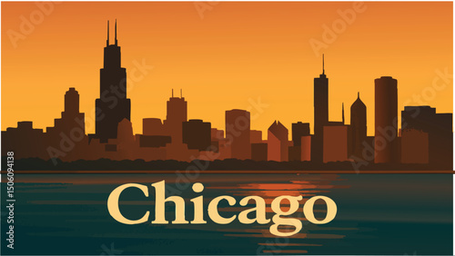 Chicago Skyline with Lake Michigan at Sunset.eps