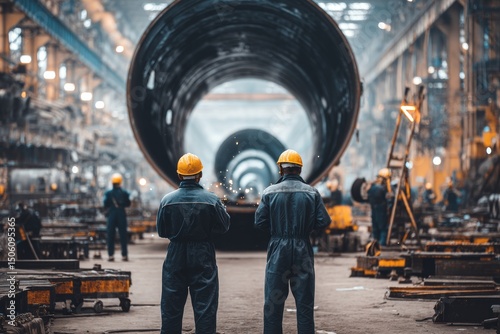Employees overseeing the production of a metal cylinder