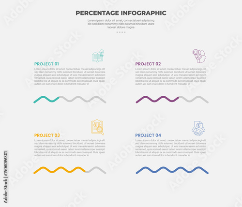 percentage or percent infographic outline style with 4 point template with progress on wave line up and down for slide presentation