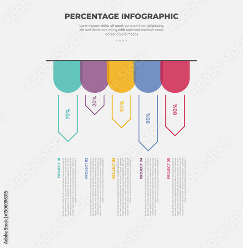 percentage or percent infographic outline style with 5 point template with arrow shape down direction for slide presentation