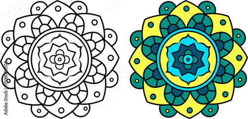 Mandala Coloring Page Before and After – Outline and Colored Design