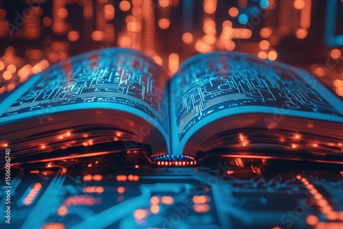 Open book with glowing circuit patterns on pages, surrounded by vibrant blue and orange lights, symbolizing the fusion of technology and knowledge in a digital landscape